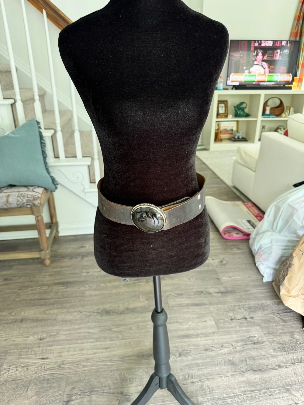 Wide Brown Leather Belt with Large Stone Buckle